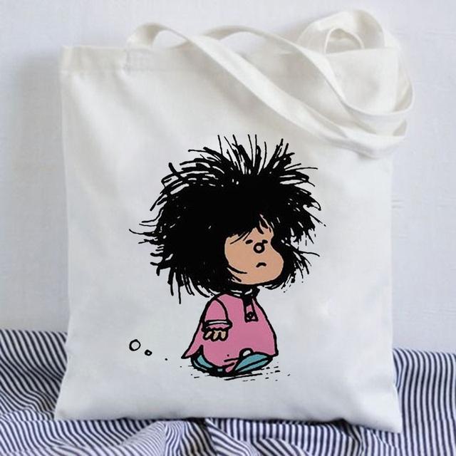 Kawaii Shopping Bag Mafalda Cute Anime Harajuku Canvas Bag Tote Bag Lady Handbag Large Capacity Shopper Bag Casual Shoulder Bag