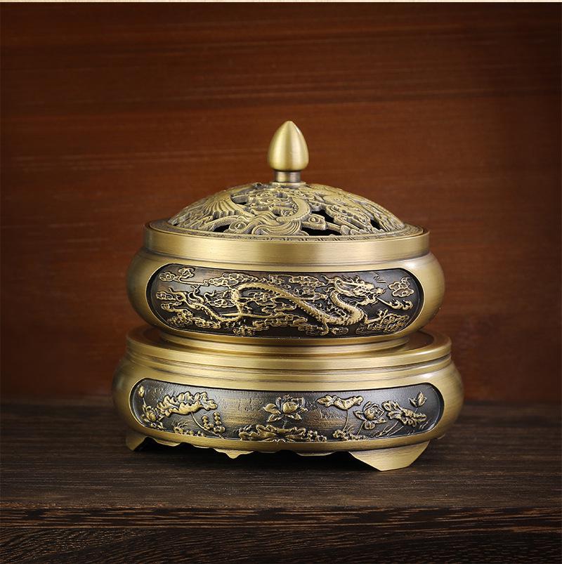 Bronze Chinese Retro Ornament: Brass Incense Burner with Mountain, Kylin, and Lotus Bases, Hundred Blessings Jar Design