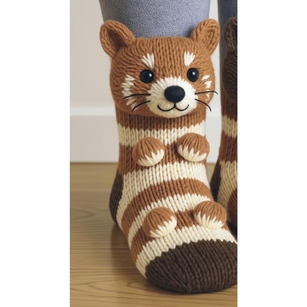 A Pair of Warm Floor Socks - Christmas Animals with Geometric Paw Prints/eye Patterns, Winter Warmth/outdoor Floor Socks