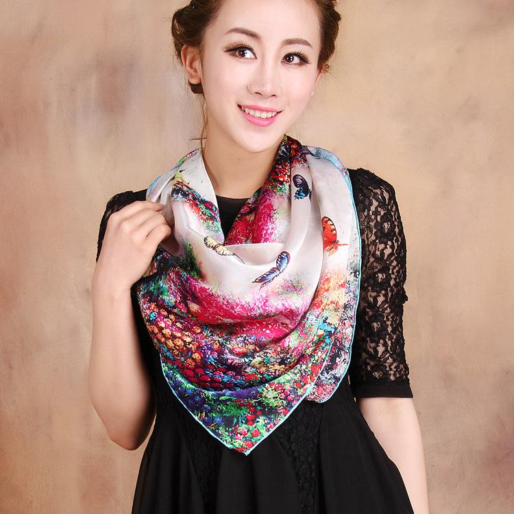 Hot Design 110*110cm 100% Silk Big Square Silk Scarves Fashion Floral Printed Shawl Sale Women Genuine Natural Silk Scarf Shawl