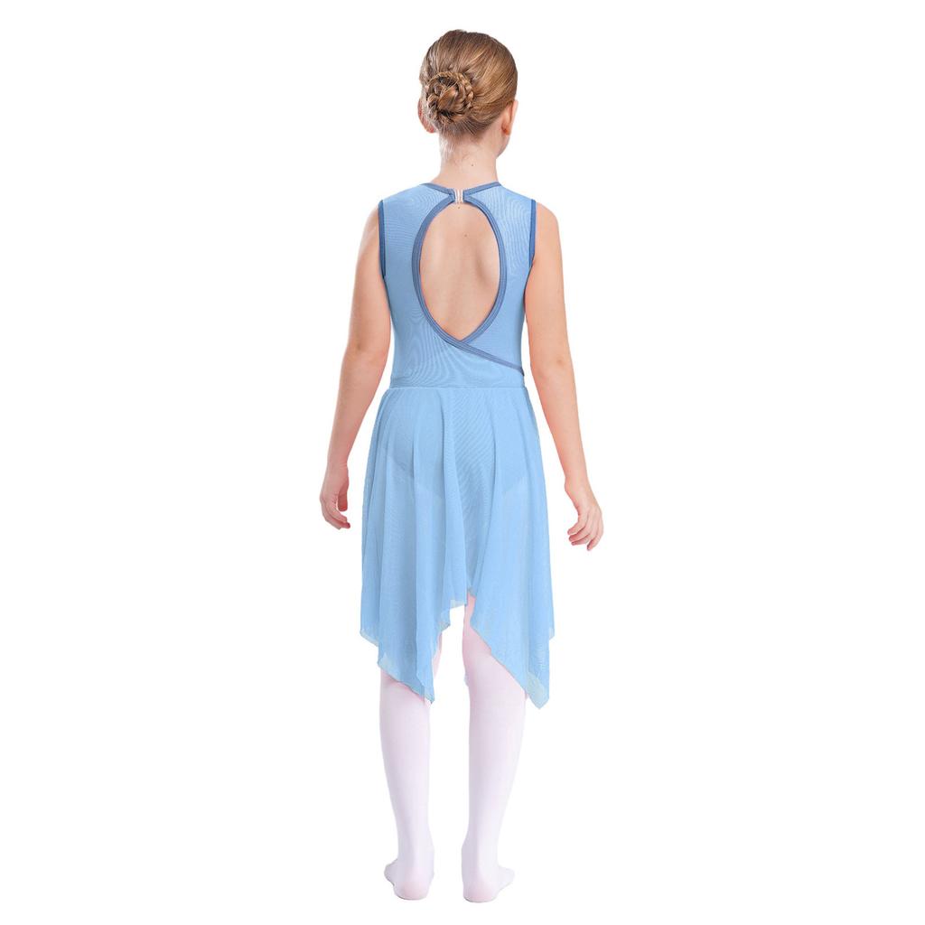 Girls Sleeveless Spandex Mesh Criss Cross Hollow Backless Dance Dress