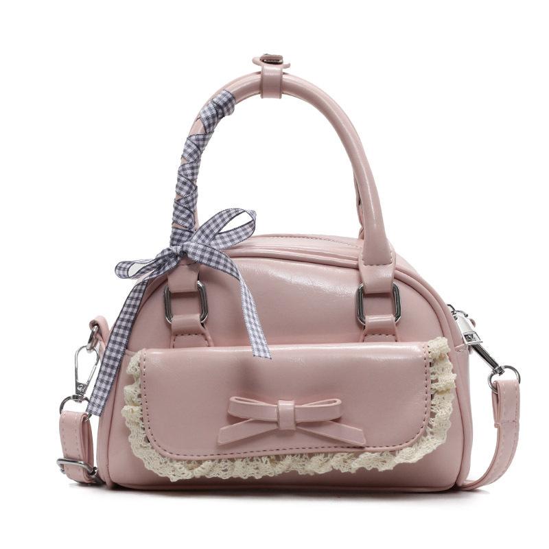 2026 New Korean Niche Ballet Style Lace Edge Bowling Bag Fashiable Sweet Style Versatile Crossbody Mobile Phe Bag розовый
