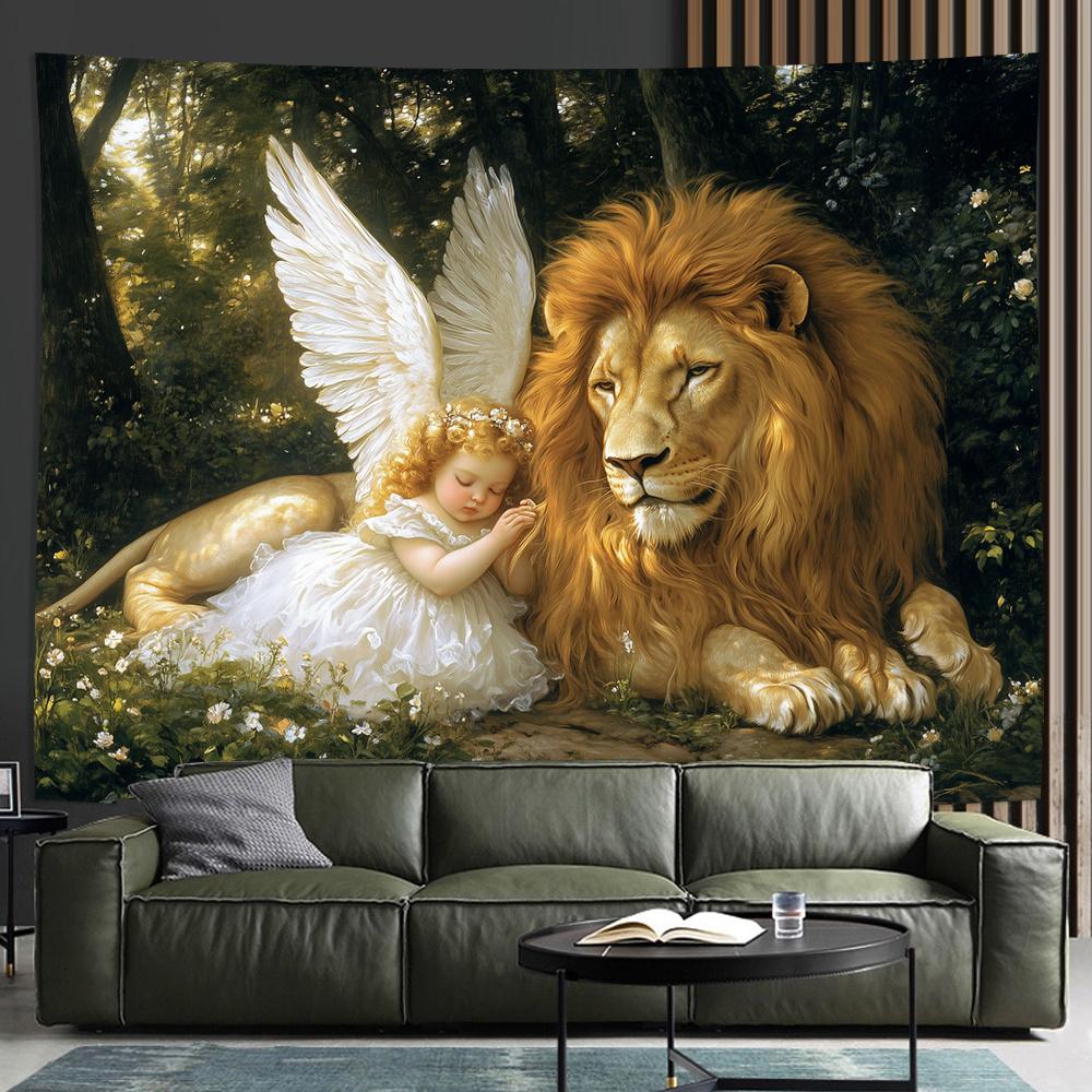 Angel and Lion In Enchanted Forest Tapestry Perfect for Adding Magical and Serene Style To Any Room Decor Ideal for Home Use