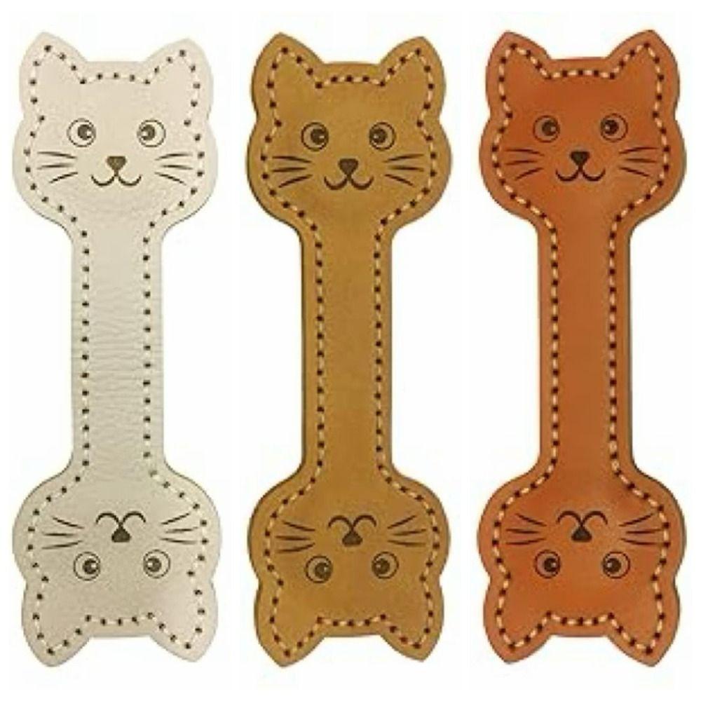3PCS Magnet Buckle PU Leather Bookmark Vintage Style Cat Face Bookmark Page Divider Library Use