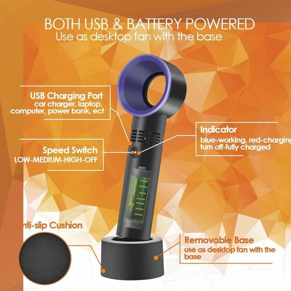NEW Handheld or Desktop Bladeless Fan USB Rechargeable No Leaf Fan 68*43*197mm
