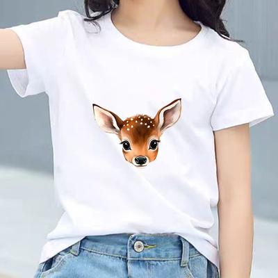 Kids Cotton T Shirt Cute Peeking Deer Print Crew Neck Short Sleeve Tee Casual Breathable Boys Girls Summer Tops