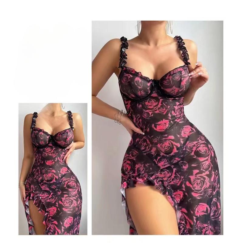 Women Pajama Rose Print Sleeveless Nightgowns Side Slit Ruffles Sleepwear 2 Pieces Home Clothes V-Neck Suspender Night Dress