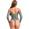 Damen glänzender Strassnetz-Off-Shoulder-Body mit langen Ärmeln, dehnbar