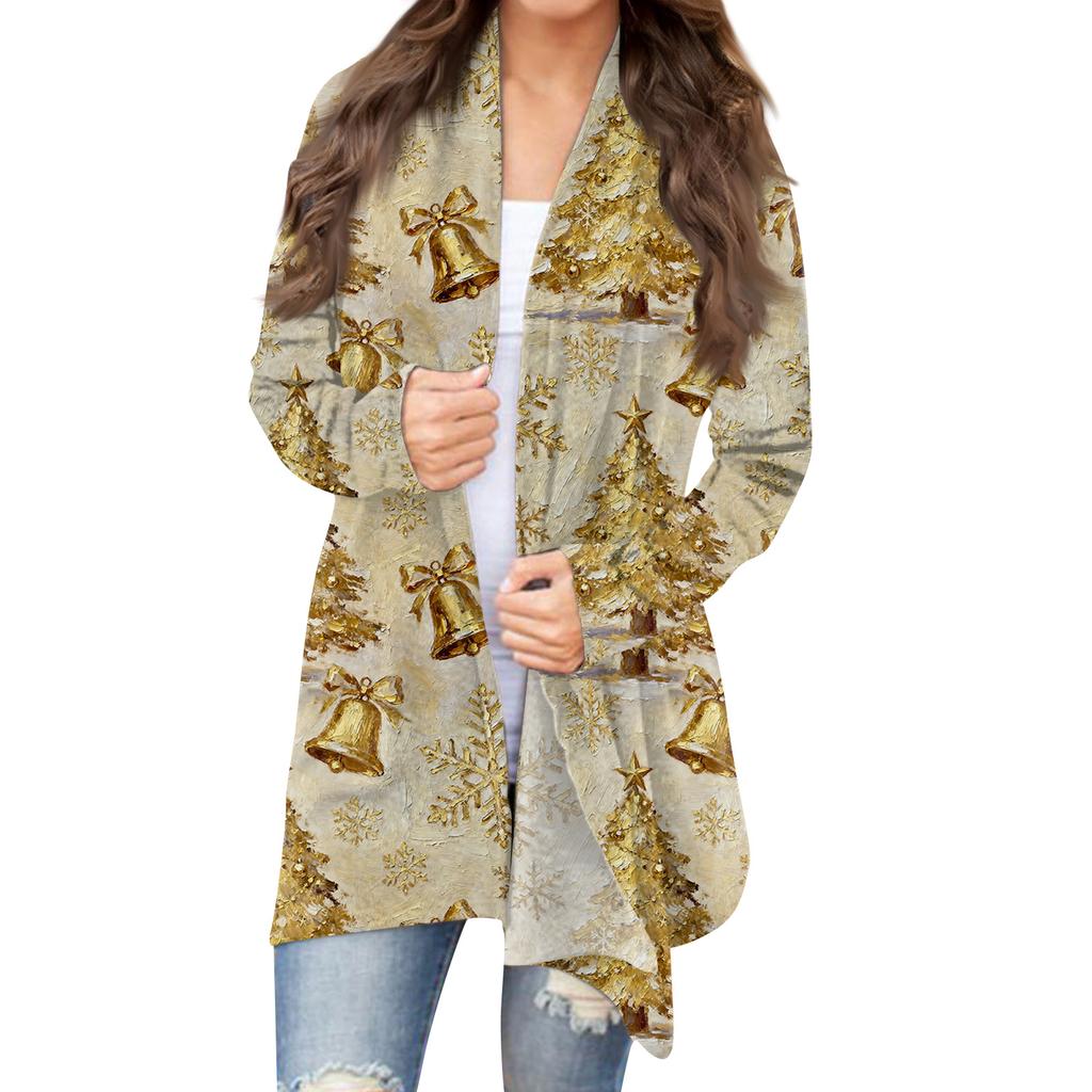 Women's Fashion Christmas Print Jacket Long Sleeve Casual Cardigan Coat