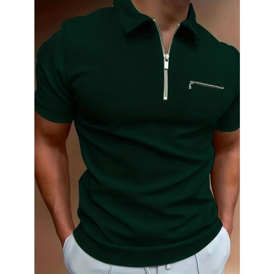 Summer Men's Zip Chest Pocket Polos Tops Casual Short Sleeve Lightweight Comfortable Polo Shirt Men Solid Lapel Top