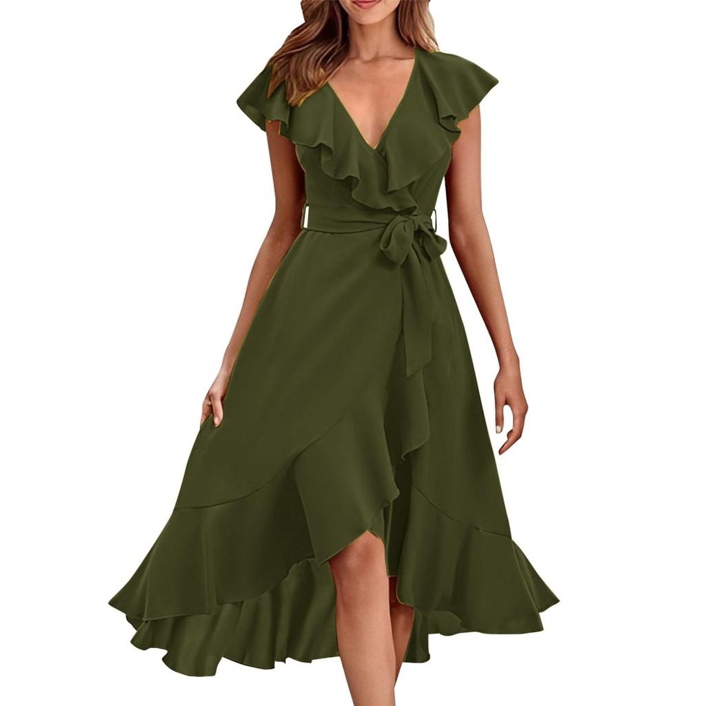 Elegantes Kleid für Damen mit V-Ausschnitt, kurzen Ärmeln und Rüschensaum