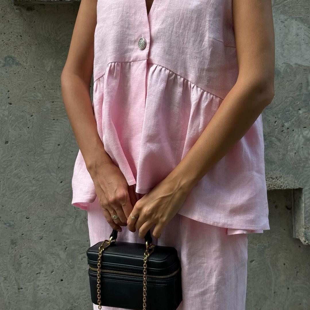 

New Pink Sweet Two-Piece Set All-Cotton V-Neck Sleeveless Vest Top Long Pants Suit for Women S рожевий