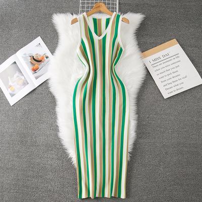 Summer Women Elegant Sleeveless V-neck Striped Knitted Sweater Slim Bodycon Sheath Pullover Dresses