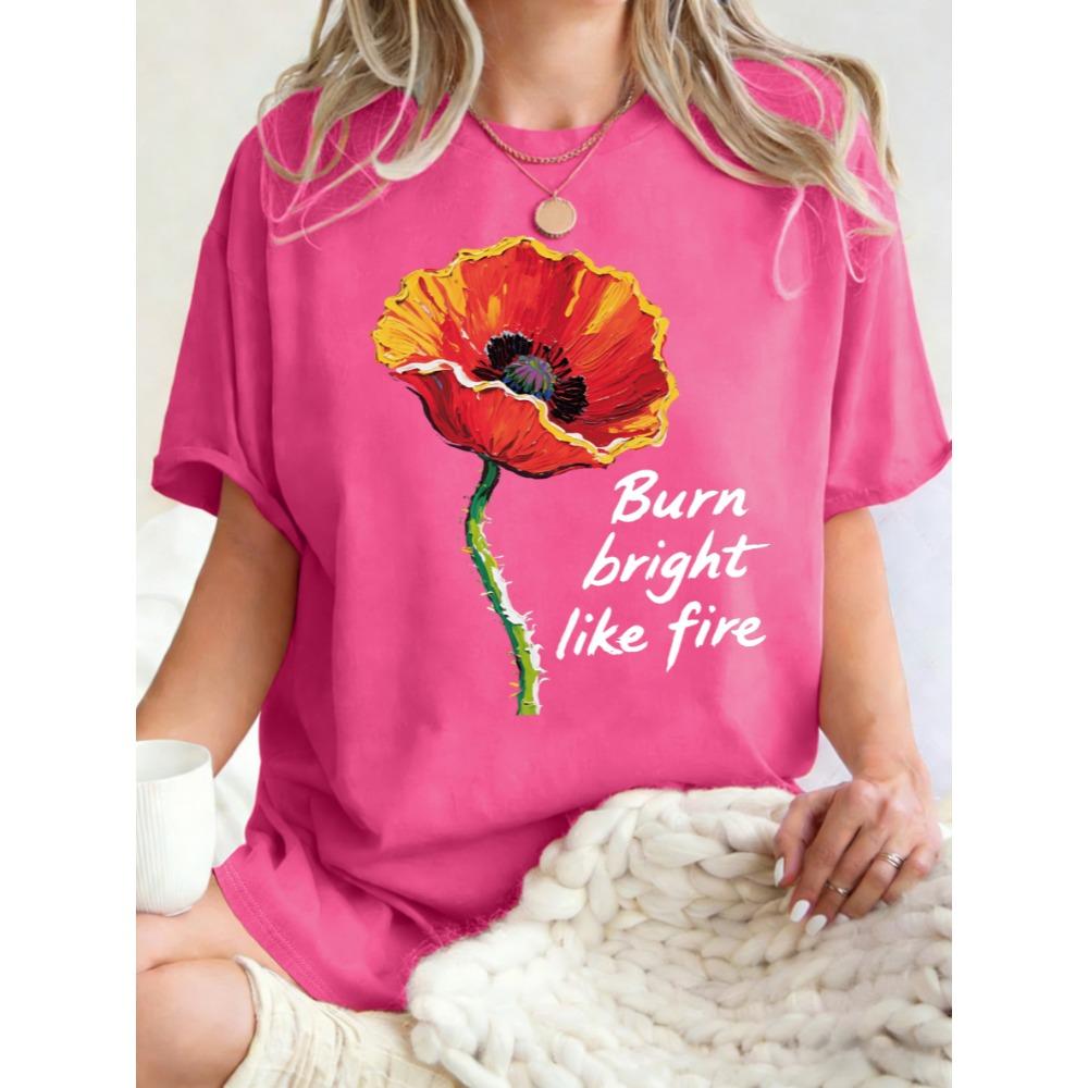 Burn Bright Like Fire Flower Prints Short Sleeve Women Cotton Y2K Crewneck T-Shirt Summer Loose T Shirt Soft Top
