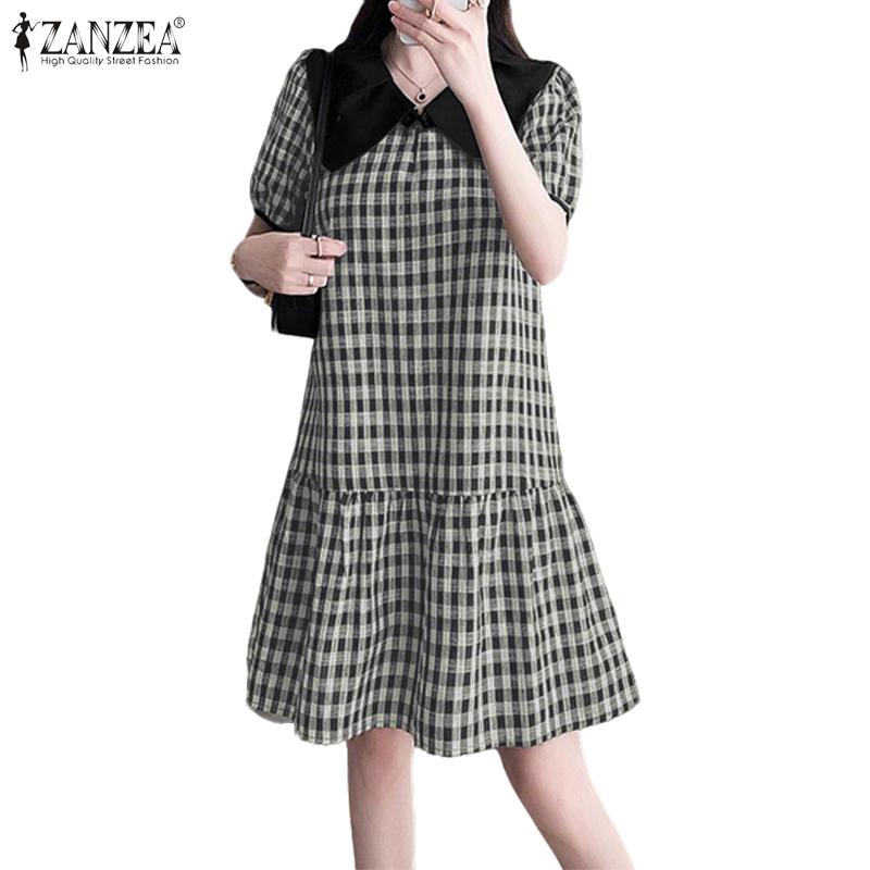 

ZANZEA Women Splice Doll Collar Loose Casual Short Sleeve Grid Print Dress M чёрный