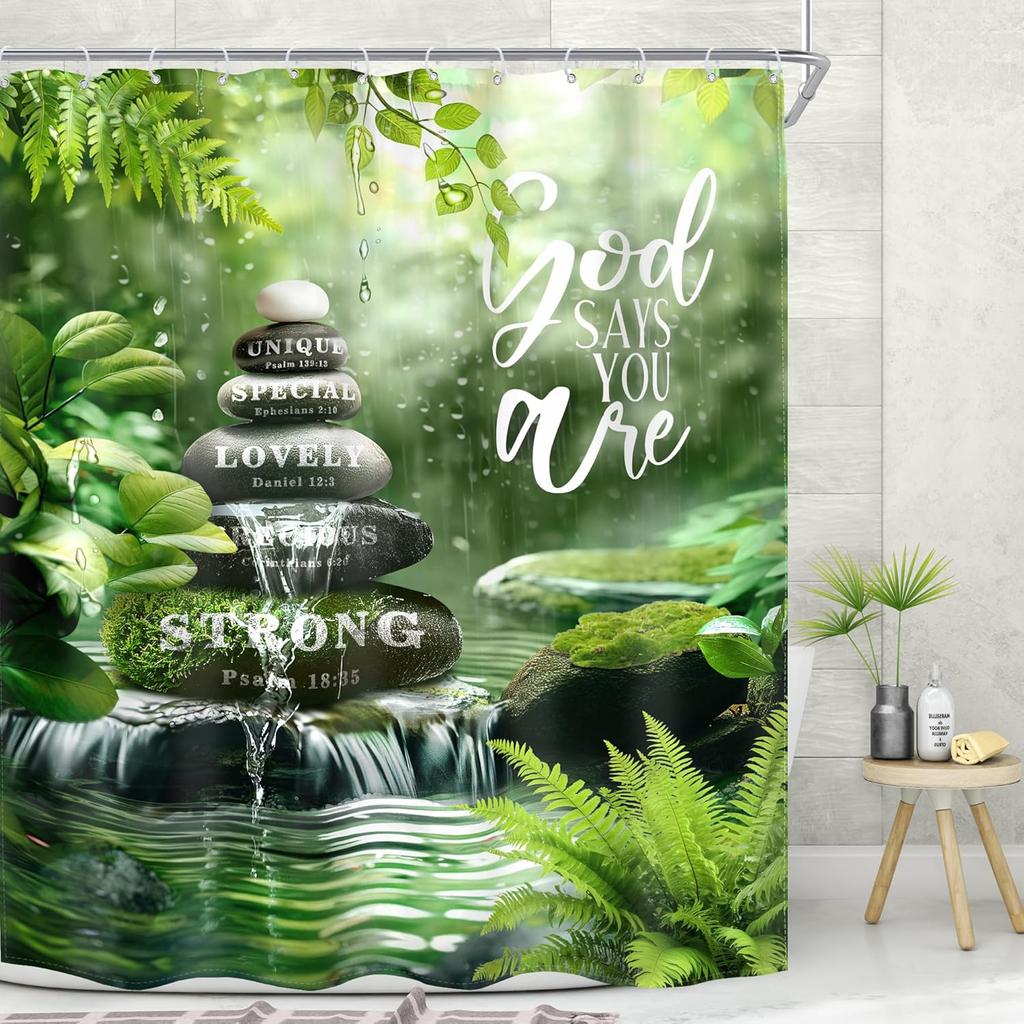 Tenda da Doccia Zen Pietra 60L x 72A Versetto Biblico Foglie Verdi Spa Botanico Goccia di Pioggia Rilassante Tenda da Bagno Citazioni Cristiane