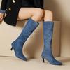 Fashion Blue Jeans Knee High Boots Women Shoes Spring Winter Point Denim Heels Long Boot Dance Party Shoes Female Large Size 44 46