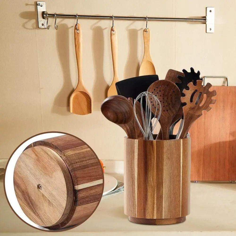 Wooden Kitchen Utensil Holder 360° Rotatable Large Fork Organizer Cutlery Rack  Spoons Organizer