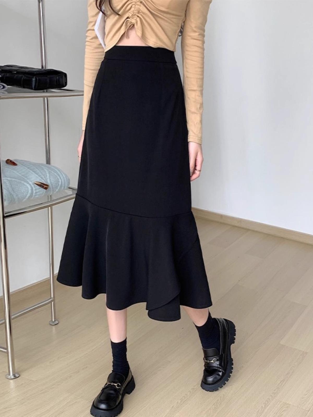

High Waist Black Midi Fishtail Skirt - Plus Size Hepburn Style Bodycon for Women 2XL