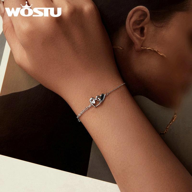 WOSTU 925 Sterling Silver Heart To Heart Chain Bracelet For Women AAA CZ Double Links Wedding Jewelry Mom Daughter Birthday Gift