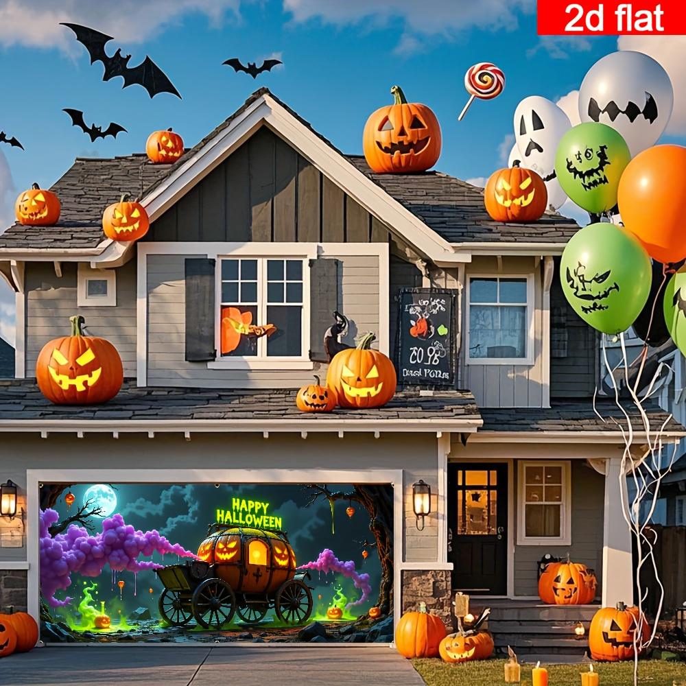 2D flat design 1 piece oversized Halloween garage door banner eerie night pumpkin carriage pattern.PMJ