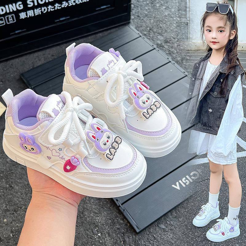 2025 Autumn Girls' Skate Shoes: Soft Sole, Non-Slip, Cartoon Design, Casual White.