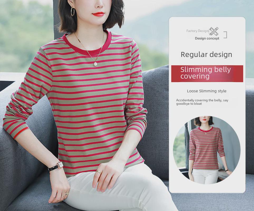 Plus Size Loose-Fit Cotton Striped Long-Sleeve T-Shirt for Middle-Aged & Elderly Women