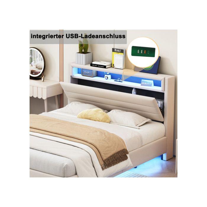 Lit capitonné - MUVOE - 160x200 cm - Prise USB - Éclairage LED - Tête de lit réversible