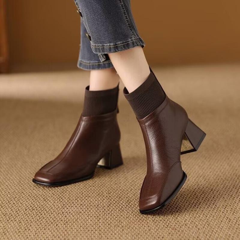 Retro Autumn and Winter Knitted Small Short Boots Women's New Thick Heel Square Head Martin Boots Thin Cotton Boots