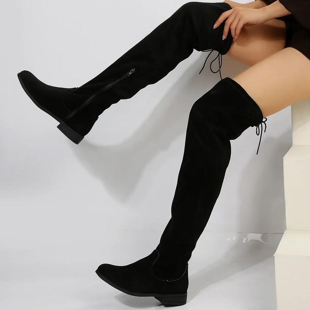 Faux Suede Female Thigh Gigh Boots Women New Autumn Zipper Elastic Knee-high Boots Woman Tube Lace-up Botas Mujer Size 43