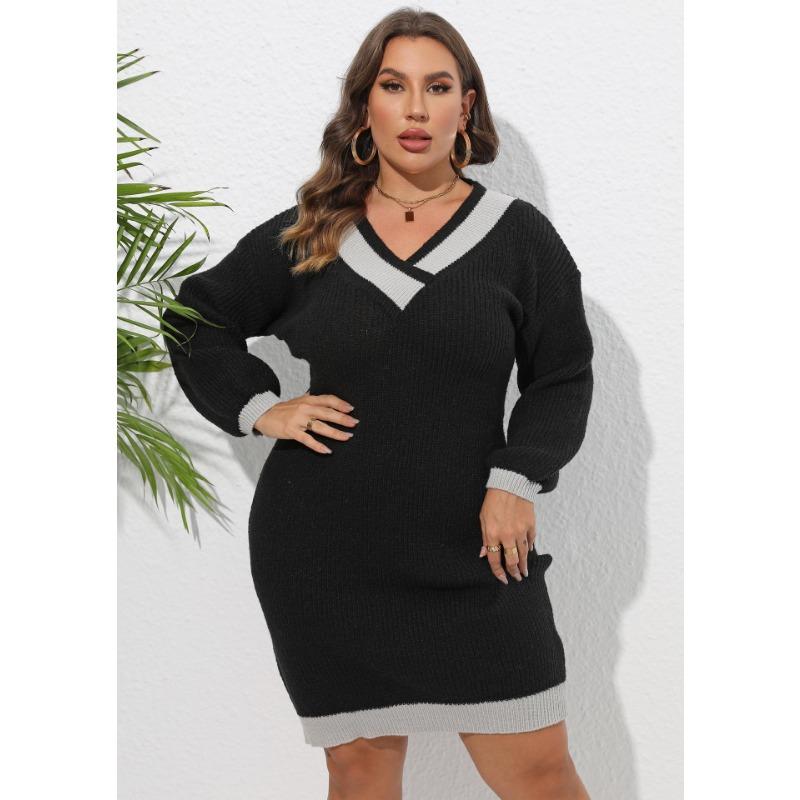Rochie de pulover de toamnă și iarnă pentru femei, țesute cu decolteu în V, culoarea coliziunii, îmbinată la șold