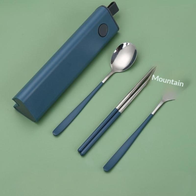 

Versatile Traveler’s 304 Stainless Steel Cutlery Set; Reusable Fork, Spoon, Chopsticks; Perfect for Camping, Includes Case темно-синього кольору