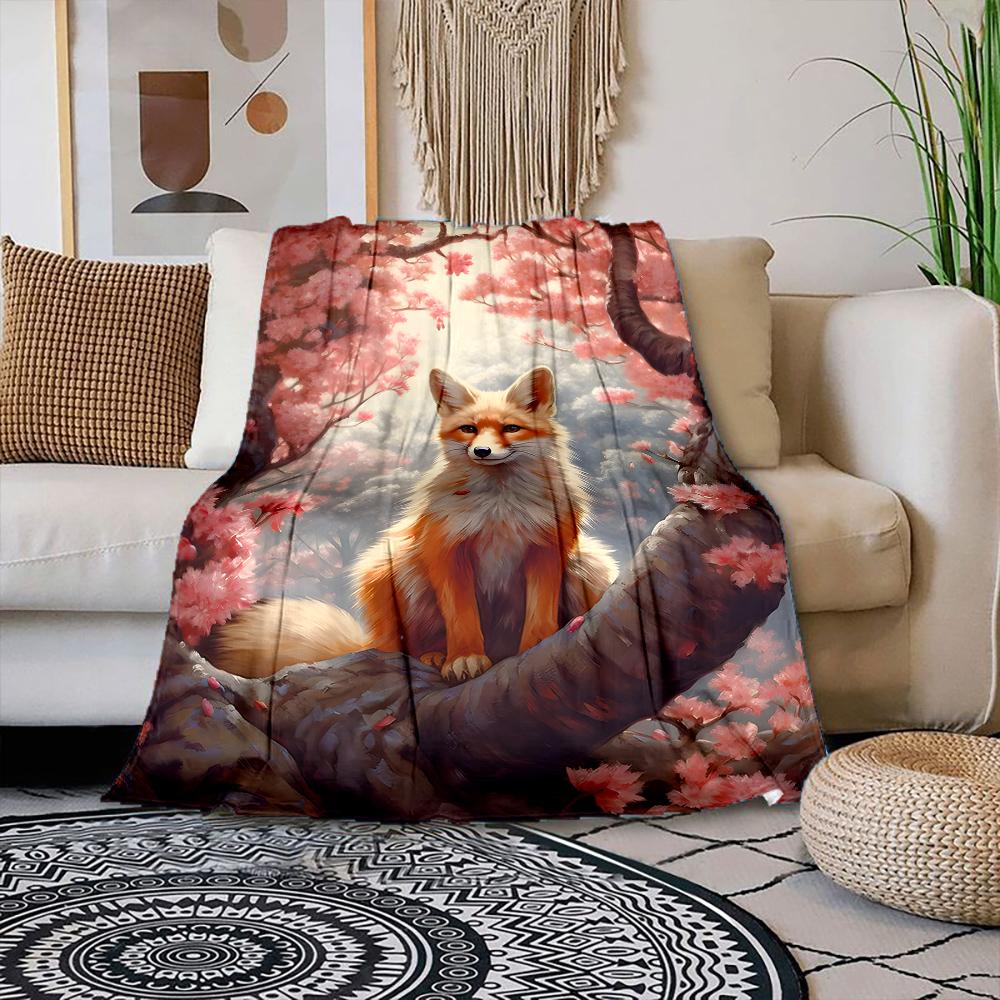 

Fox sitting on cherry blossom tree Print Blanket Warm Soft Suitable for All Seasons for Home Sofa Travel Camping Picnics RV 75x100cm
