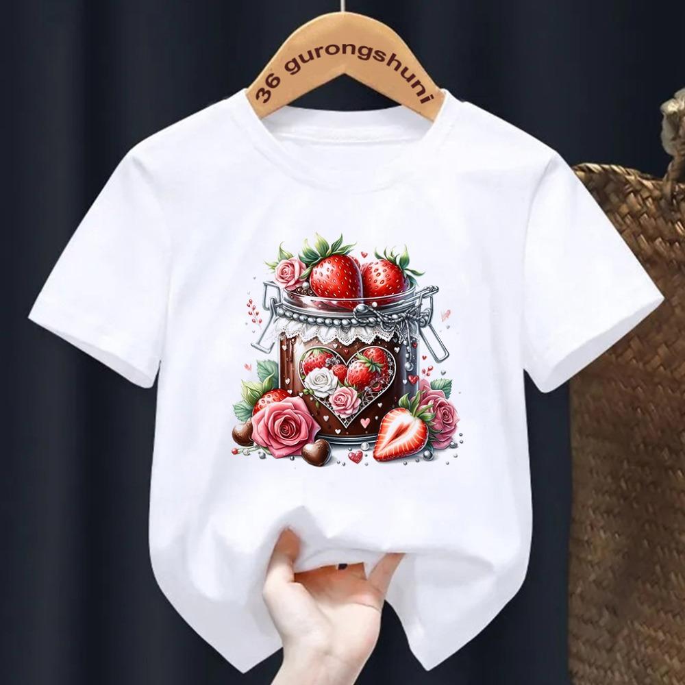 Erdbeerkuchen-Print T-Shirt Kinder Sommermode Kinder Cartoon T-Shirt Rundhals Kurzarm Mädchen T-Shirt Tops 1-14 Jahre