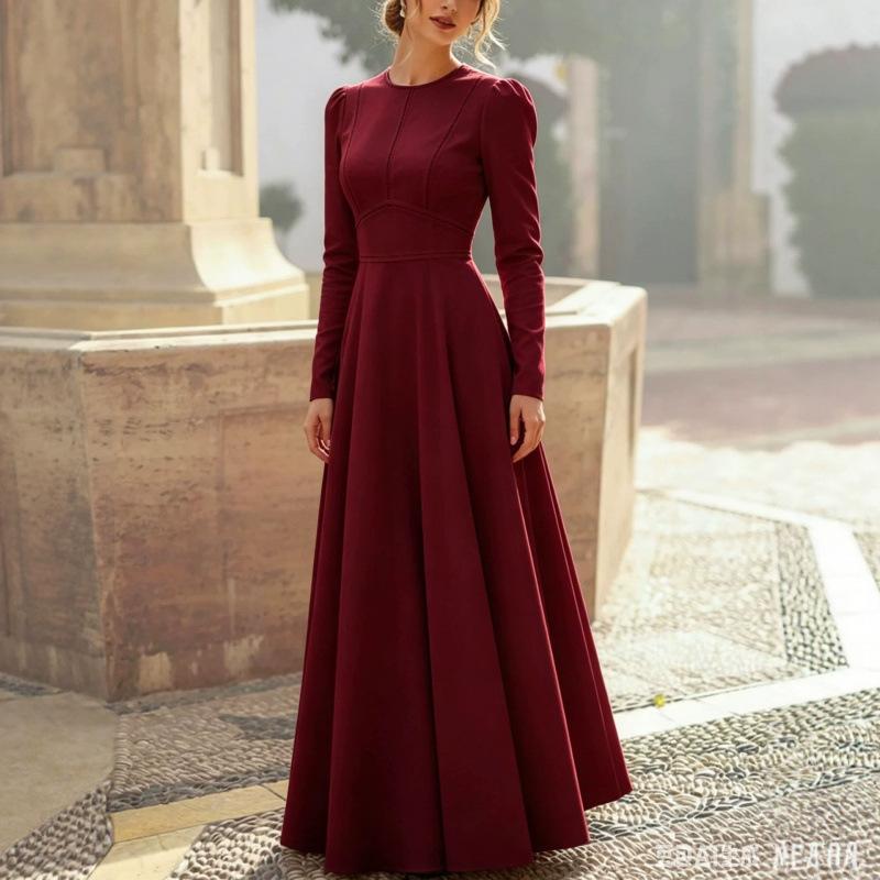 Damen Farb-Langarm-Rundhals-Kleid mit Reißverschluss am Rücken für den Herbst Elegant
