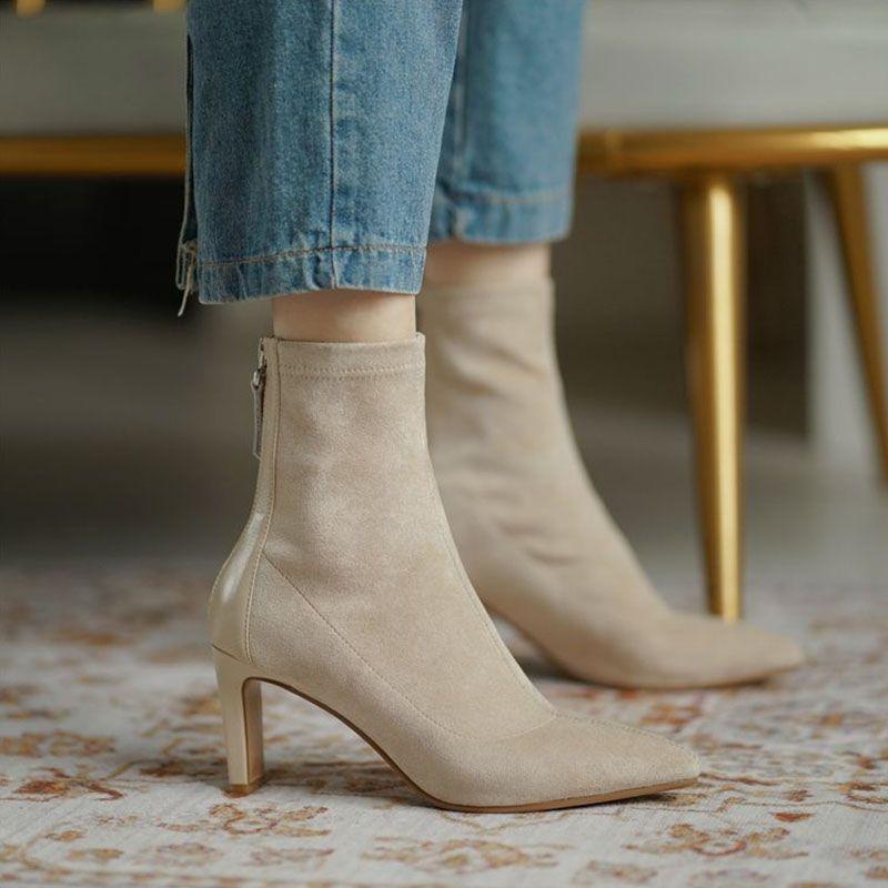 French high-heeled short boots women's thick heel pointed rear zipper velvet 2025 new Korean version winter elastic thin boots