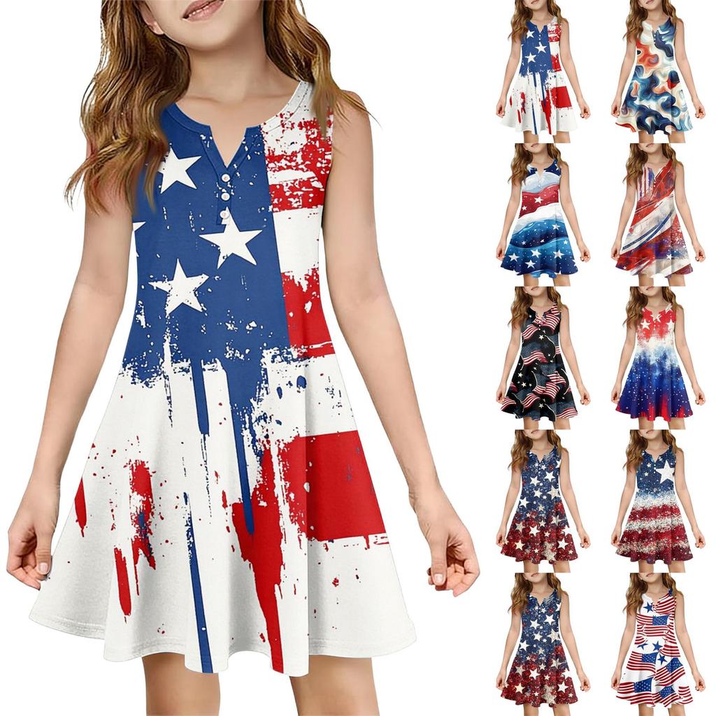 Girl Summer Dress Color & Print Sleeveless Dress With Pocket Casual Dress Sleeveless Party Dress Independence Day