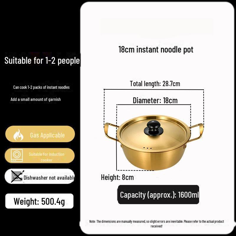 Zlatý korejský ramen hrnec z nerezové oceli s poklicí - dvojité uši, zesílené, ideální na nudle, polévku nebo malé horké hrnce.