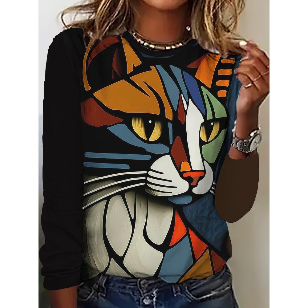 Women's T-Shirt Casual Long Sleeve Animal Pattern Print Street Crew Neck Female Oversized Clothing