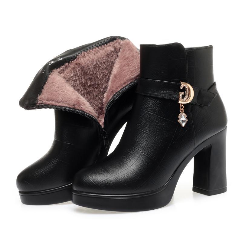 Women's High Heel Winter Boots - Waterproof Leather, Thick Platform, Plus Velvet Fashion Design