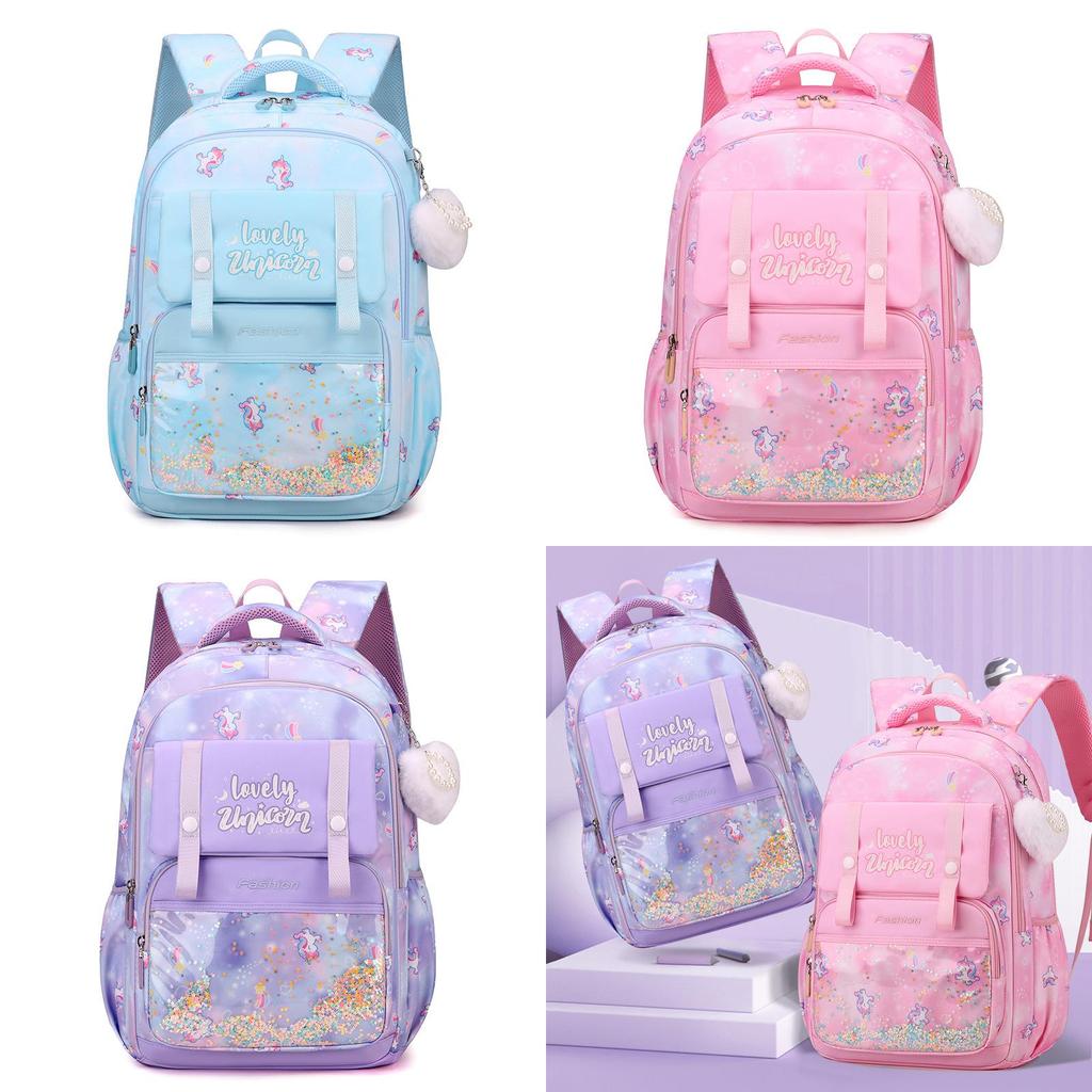 Nylon Girl School Backpack With Unicorn And Letter Print For Middle School Students