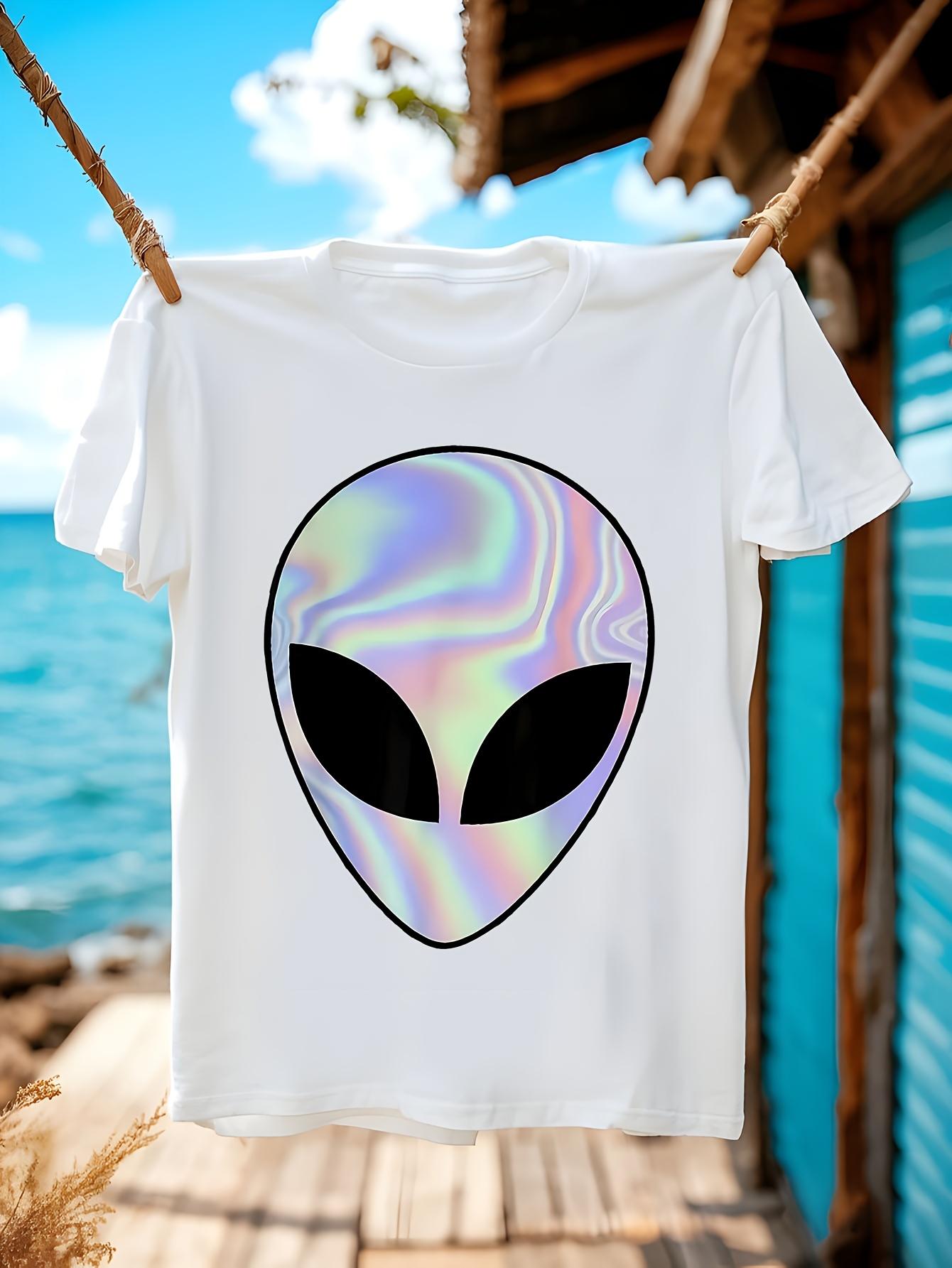 

Iridescent Alien Head Rave T-shirt - Pastel Rainbow Colors & Black Graphic Tee for Parties XXXXL