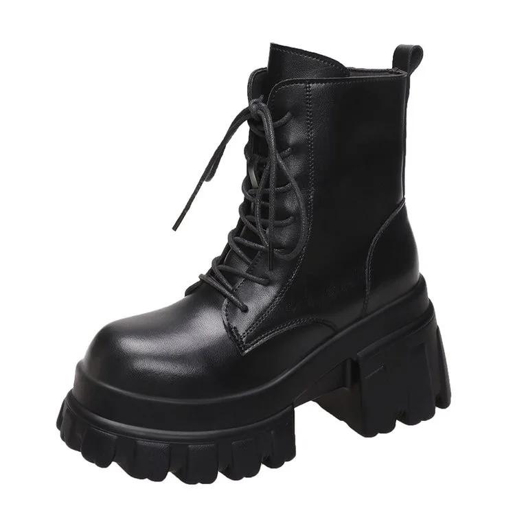 

Мода 2025 Массивные ботильоны на платформе Женские Новые Осенне-зимние мотоботы Женские Толстая подошва Нескользящие Кожаные Боевые ботинки 9 см 35 чёрный