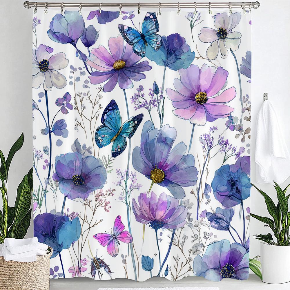 Vintage Botanical Print Floral Shower Curtain, Bathroom Decorative Shower Curtain, Waterproof Shower Curtain with Hooks