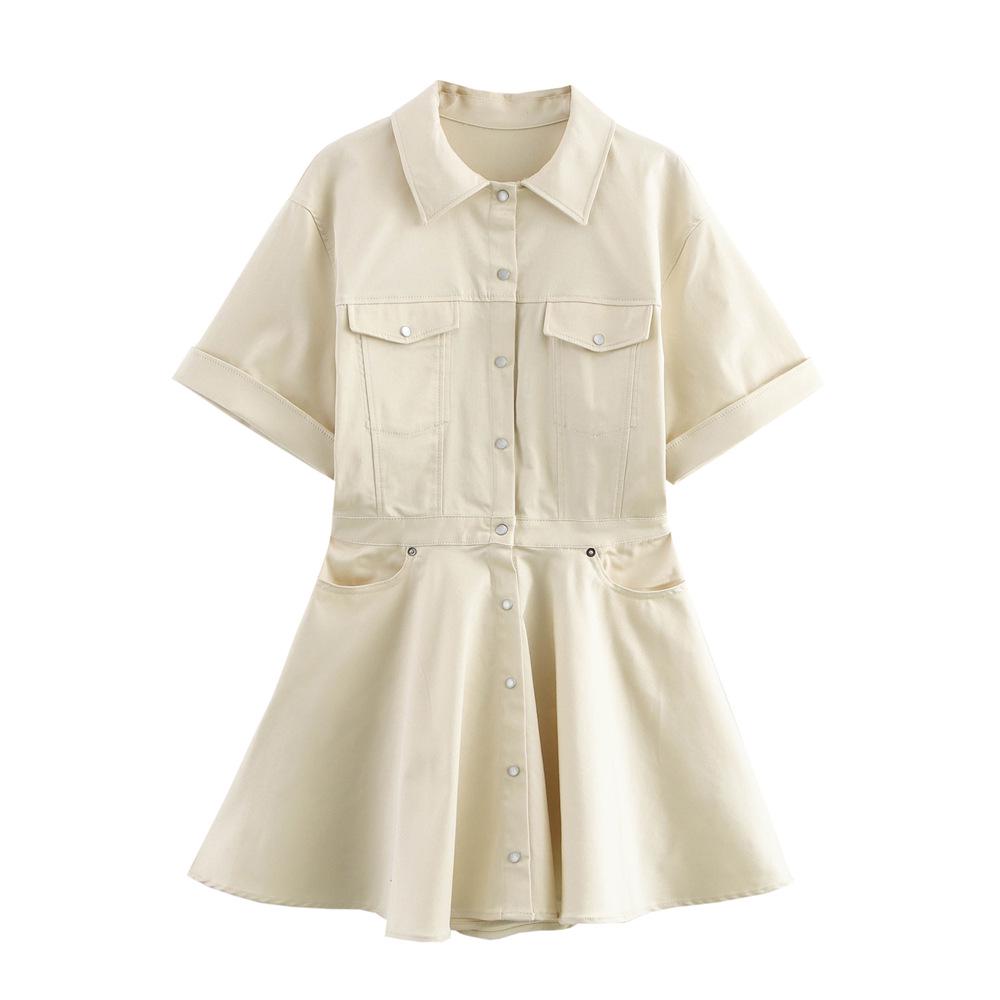 

2025 Spring Women s Slim Lapel Short-Sleeve Wide-Hem Dress L