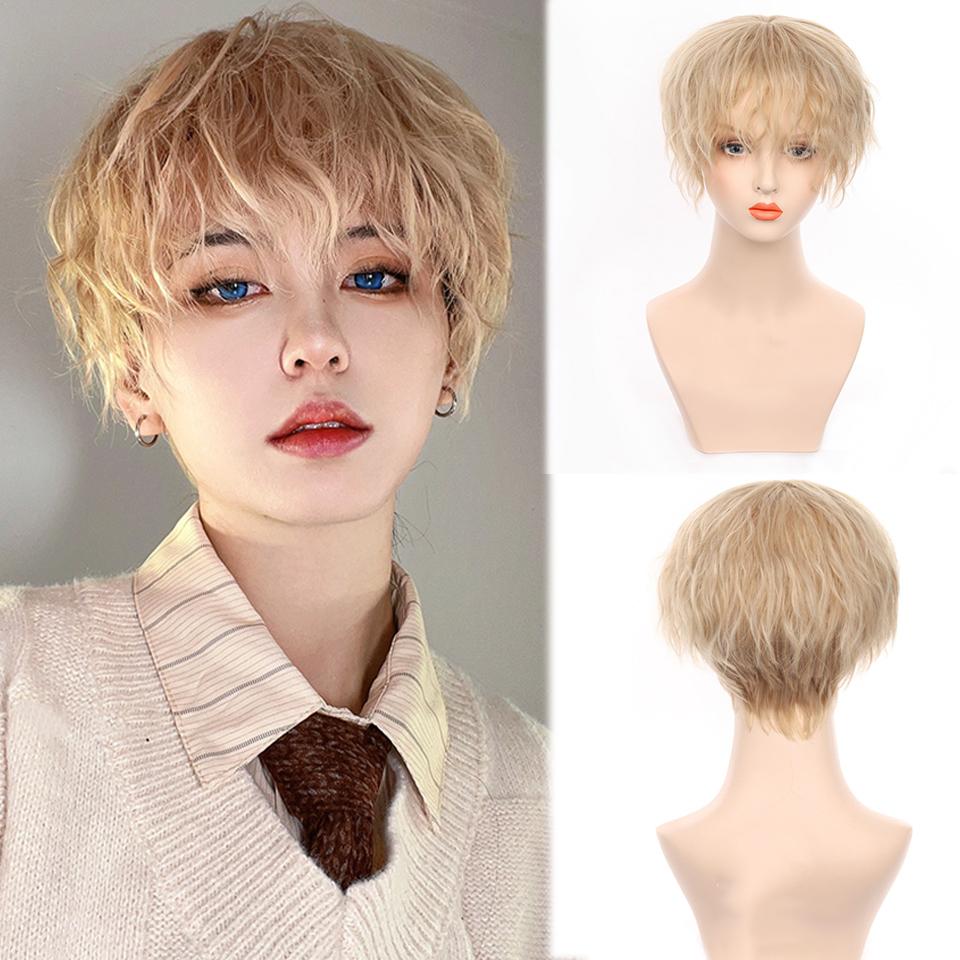 Short Curly Cosplay Men Boy Party Light Yellow Synthetic Heat Resistant Hair Wigs Men's Breathable Wig