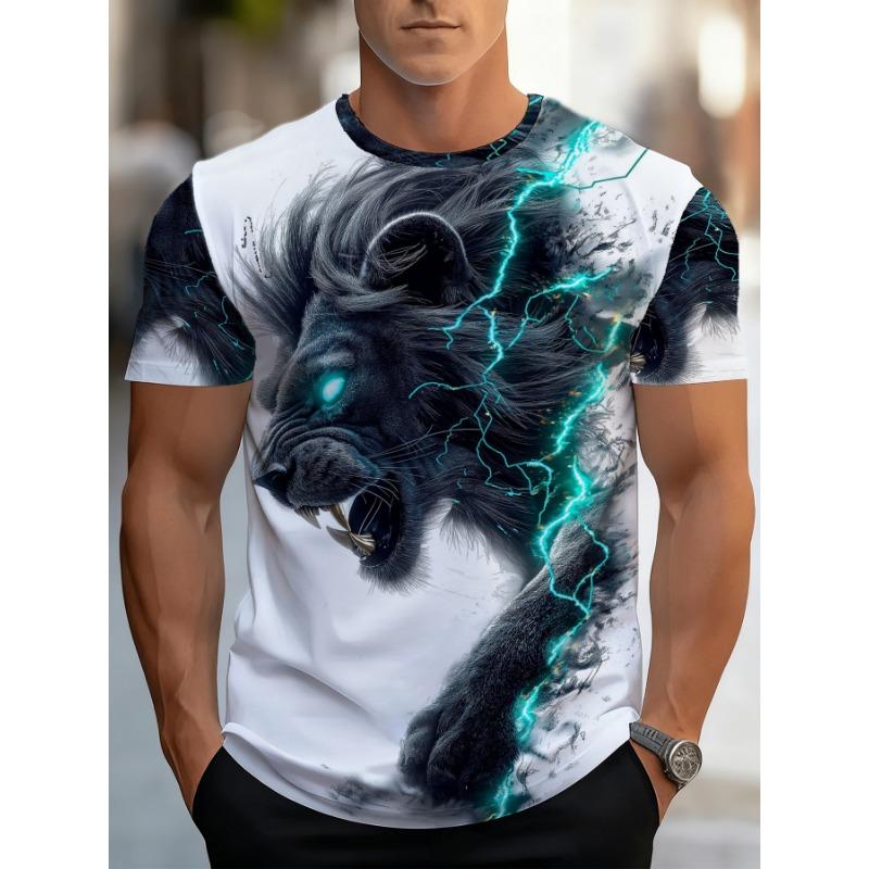 Men's Lion T-Shirt Cool Glowing Lightning Animal 3D Graphic Printed Casual Short Sleeve O-Neck Pullover Streetwear Summer Tee Tops Male Clothing