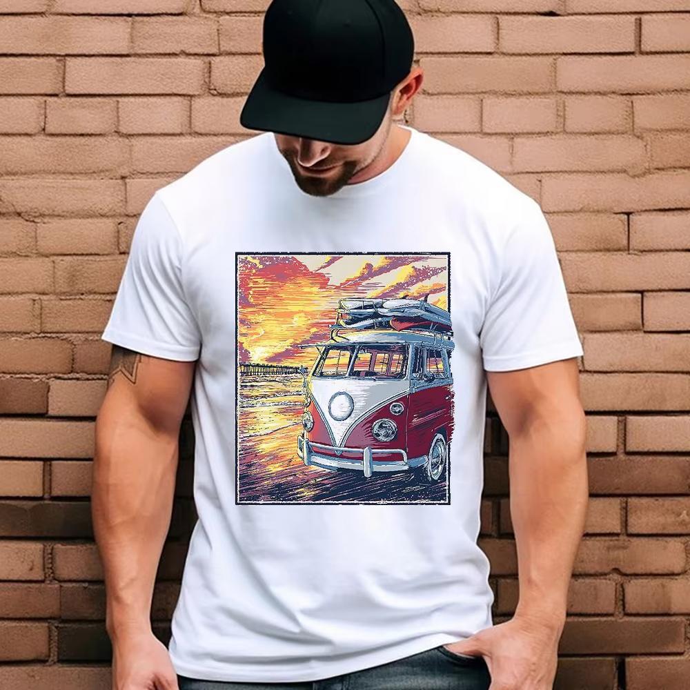 

Новейшая мужская футболка Летний закат Пляж Фургон с принтом Мужская футболка Крутые топы Мужская одежда Хипстерская уличная одежда 4XL