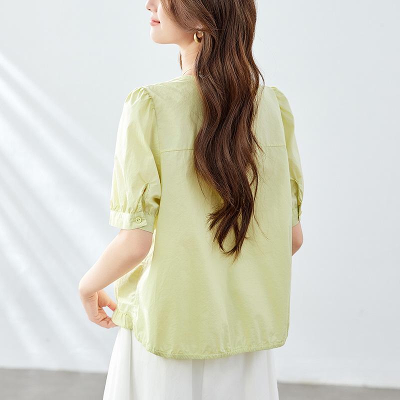 Round-neck White Shirt for Women In Five-quarter Sleeve Summer New Style Wood Ear Design Top Pure Cotton Shirt