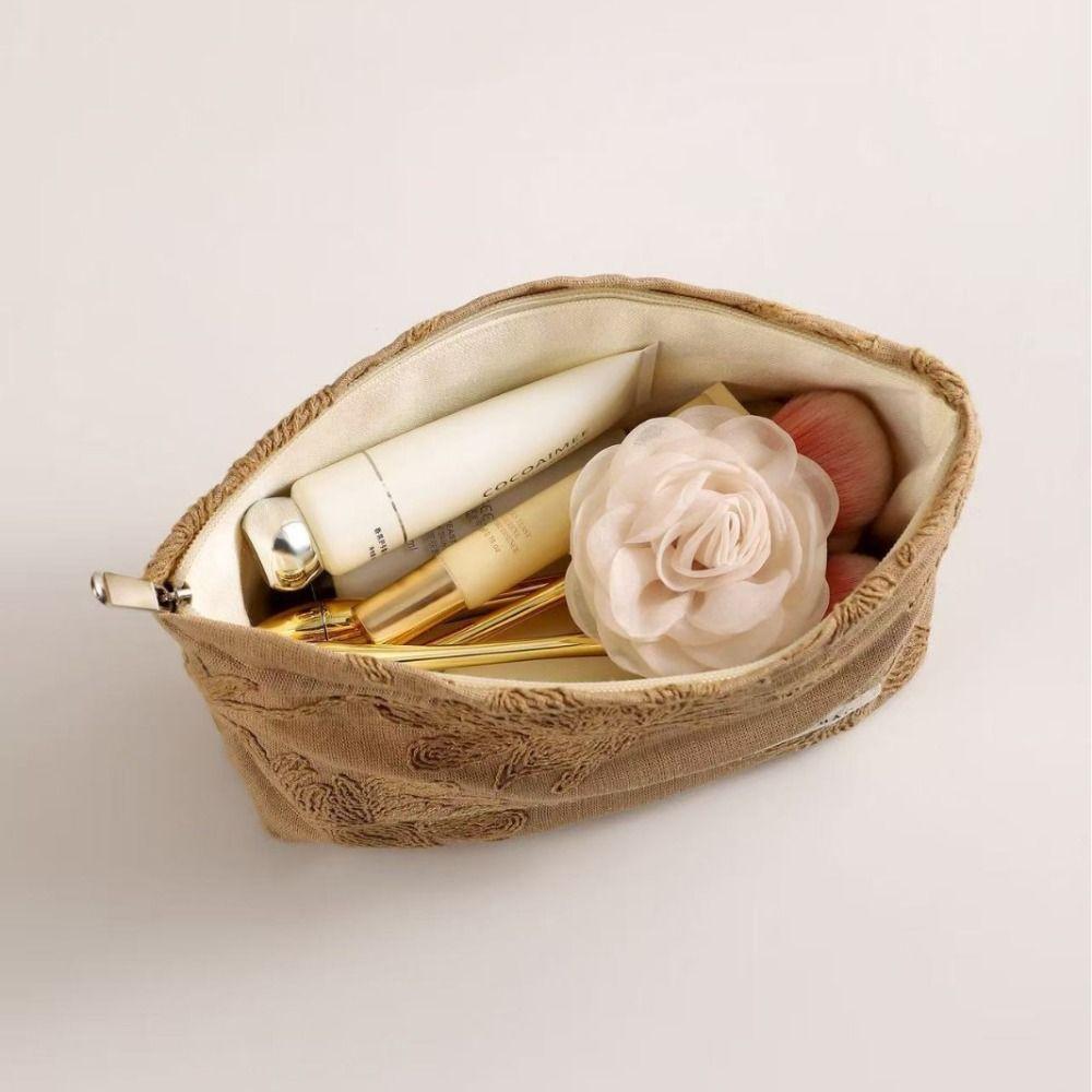 French Style Embossing Cosmetic Pouch Pillow Shape Charming Canvas Makeup Bag Portable Elegant Skincare Zipper Bag Travel